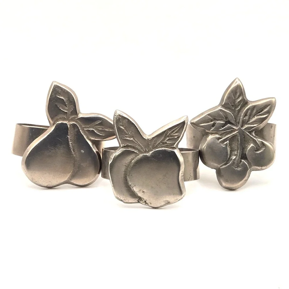 Vintage Fruit Napkin‎ Rings Set of 3 Silver Tone Metal Pear Apple Cherry Decor